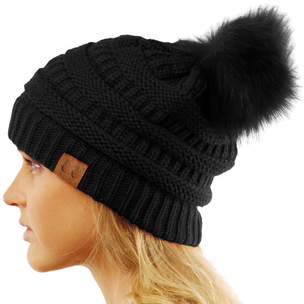 CC Pom Pom Black Beanie Winter Cable Knit Hat